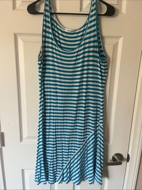 Calvin Klein Teal and White Striped Midi Tank Dress